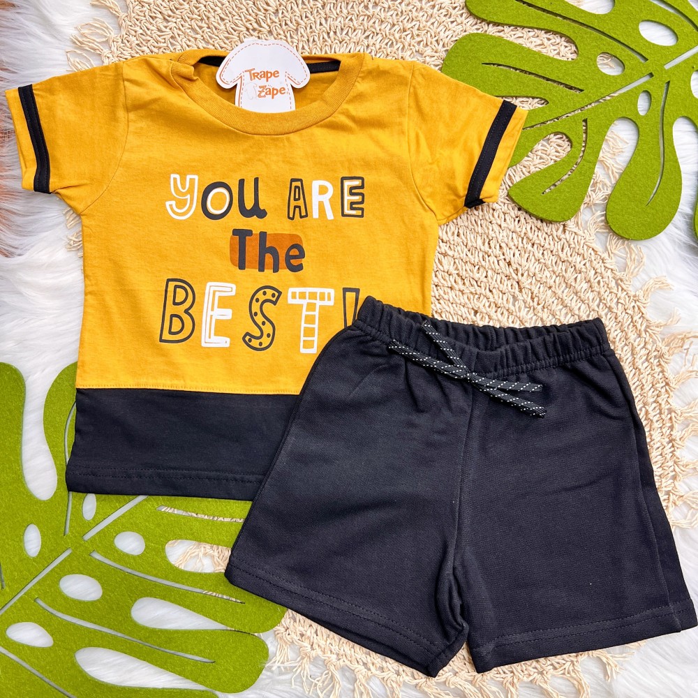 Verão 24/25 - Conj. Camiseta You Are The Best e Short em Moletinho - Mostarda e Preto