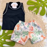 Verão 24/25 - Conj. Regata Lisa e Shorts em Táctel Babys Dinos - Preto