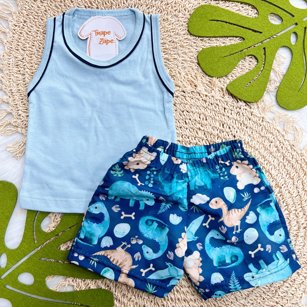 Verão 24/25 - Conj. Regata Lisa e Shorts em Táctel Babys Dinos - Azul