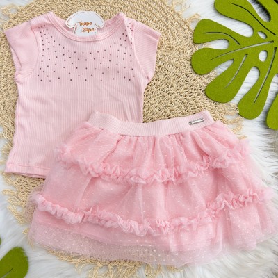 Verão 24/25 - Conj. Blusa com Strass e Saia em Tule - Rosa