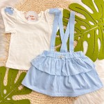 Verão 24/25 - Conj. Blusa com Borboleta Bordada e Salopete - Off White e Azul Bebê