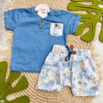 Verão 24/25 - Conj. Camiseta com Bolsinho e Short Macaquinhos - Azul Jeans