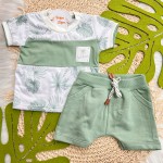 Verão 24/25 - Conj. Camiseta Folhagem e Short em Moletinho - Verde e Branco