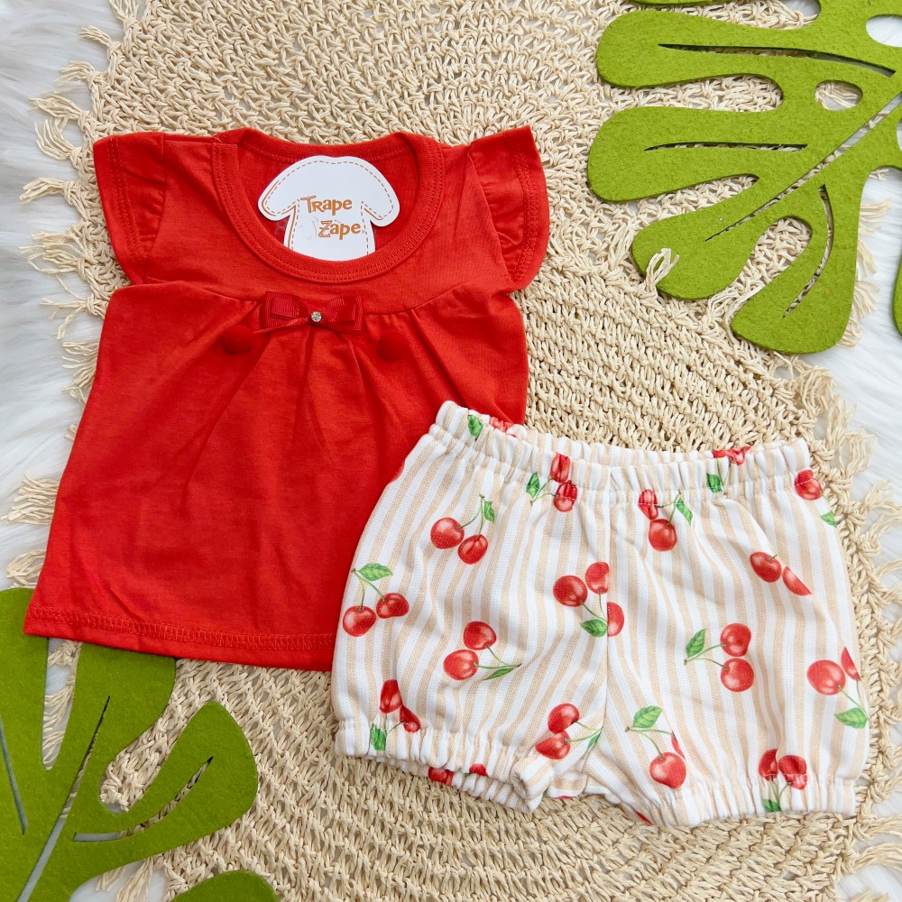 Verão 24/25 - Conj. Batinha com Laço e Short Cerejinhas - Off White e Vermelho