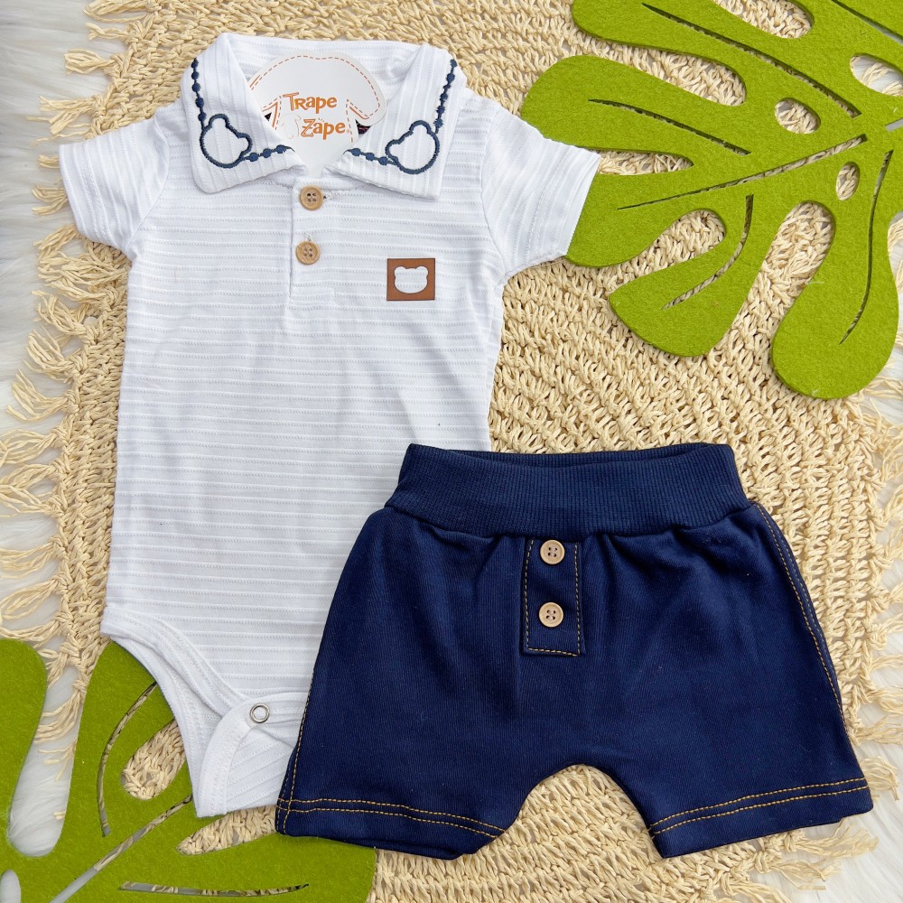 Verão 24/25 - Conj. Body com Gola Bordada Ursinho e Short - Branco e Marinho