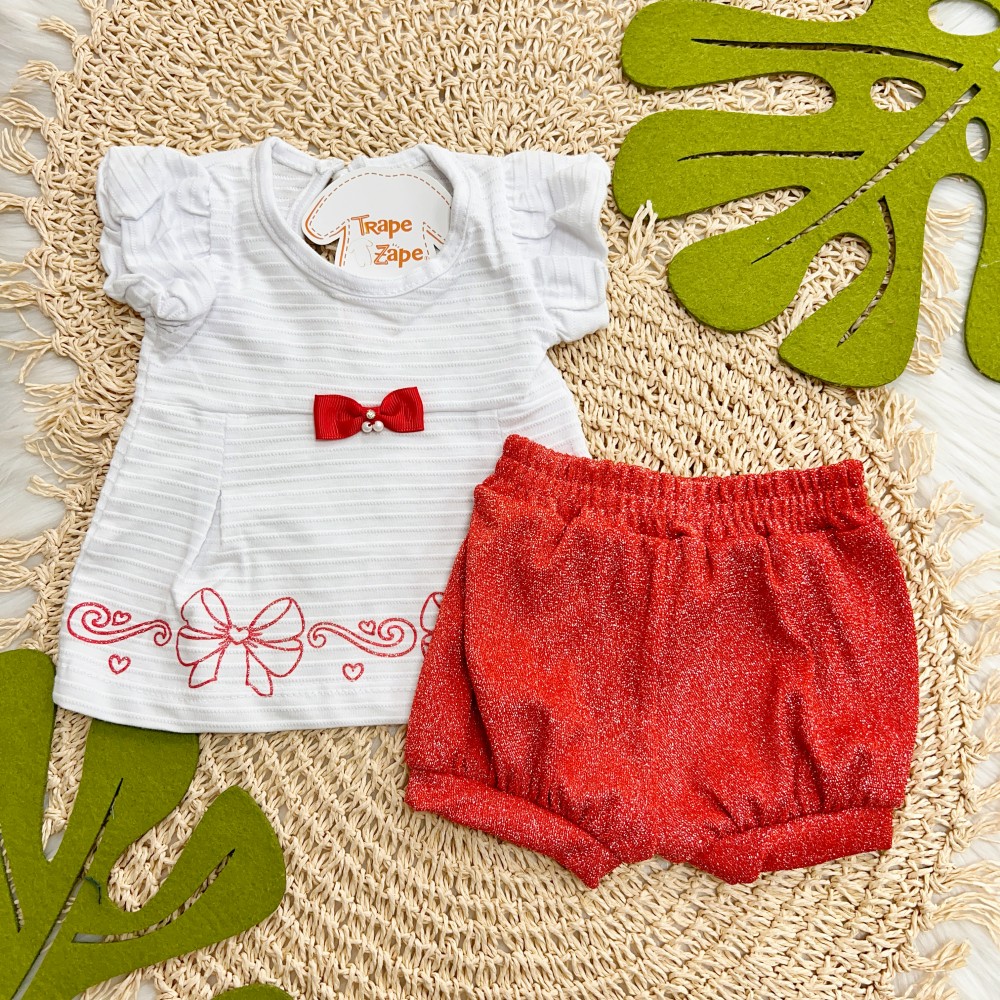 Verão 24/25 - Conj. Batinha Lacinhos e Short - Branco e Vermelho