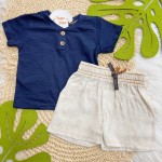 Verão 24/25 - Conj. Camiseta com Botões Malha Blend e Short em Linho- Marinho e Mescla