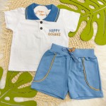 Verão 24/25 - Conj. Camisa Polo Happy Oceans e Bermuda - Azul Jeans e Branco