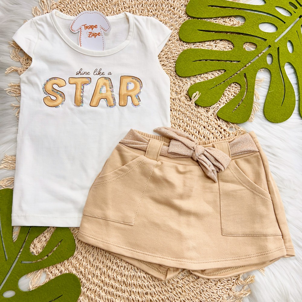 Verão 24/25 - Conj. Blusa Shine Like a Star e Short Saia - Off White e Areia