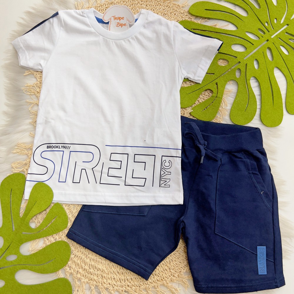 Verão 24/25 - Conj. Camiseta Street e Bermuda - Branco e Marinho