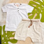 Verão 24/25 - Conj. Camiseta com Botões Malha Blend e Short em Linho- Branco e Areia