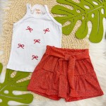 Verão 24/25 - Conj. Regata Lacinho e Short Lurex - Branco e Vermelho