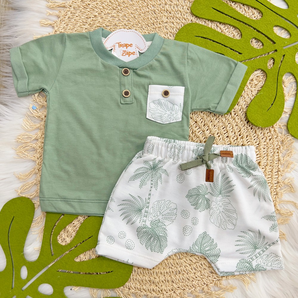 Verão 24/25 - Conj. Camiseta com Bolsinho e Short Folhagem - Verde