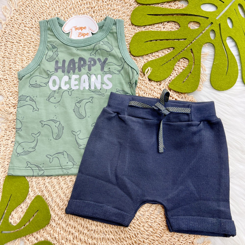 Verão 24/25 - Conj. Regata Happy Oceans e Short - Verde e Chumbo