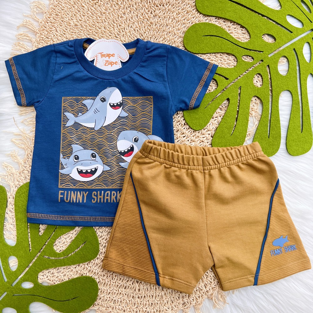 Verão 24/25 - Conj. Blusa Funny Shark Baby e Short Moletinho- Azul Jeans e Marrom