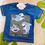 Verão 24/25 - Conj. Blusa Funny Shark Baby e Short Moletinho- Azul Jeans e Marrom