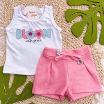 Verão 24/25 - Conj. Regata Flores com Strass e Short Canelado - Branco e Rosa