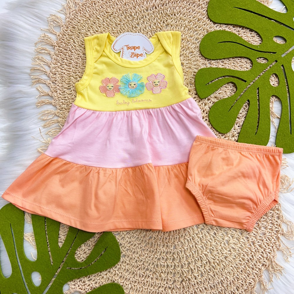 Verão 24/25 - Vestido Três Marias Baby Blooms e Calcinha- Amarelo, Rosa e Laranja