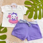 Verão 24/25 - Conj. Blusa Gatinha com Boia de Flamingo e Short - Off White e Lilás