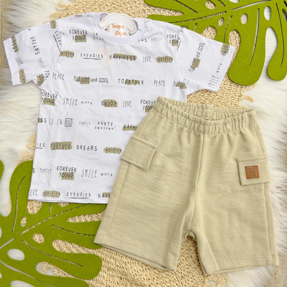 Verão 24/25 - Conj. Camiseta Happiness Together e Short - Branco e Areia