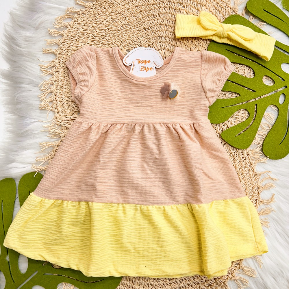 Verão 24/25 - Vestido Anarruga com Faixinha de Cabelo - Areia e Amarelo