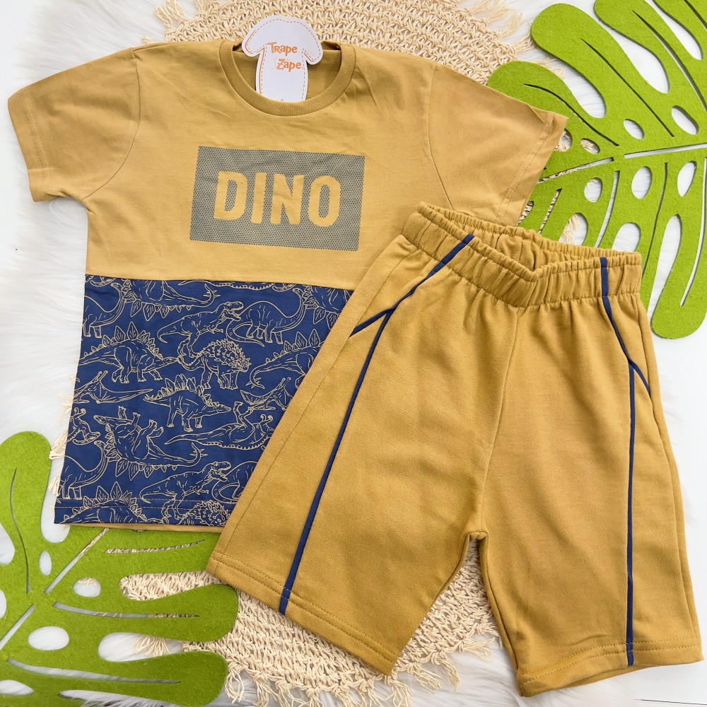 Verão 24/25 - Conj. Camiseta Dino e Short em Moletinho - Marrom e Marinho