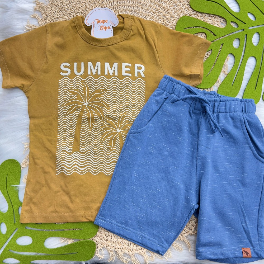 Verão 24/25 - Conj. Camiseta Summer e Short em Moletinho - Marrom e Azul Jeans