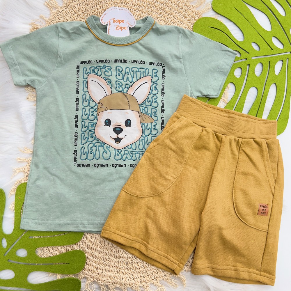 Verão 24/25 - Conj. Camiseta Canguru com Boné e Short em Moletinho - Verde e Ferrugem