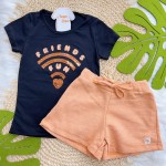 Verão 24/25 - Conj. Blusa Friends Fun e Short em Moletinho - Preto e Laranja