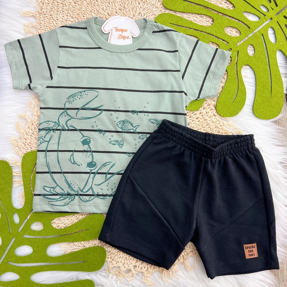 Verão 24/25 - Camiseta Siri com Peixinhos e Short em Moletinho - Verde e Preto