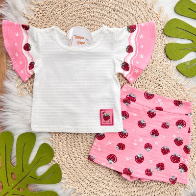 Conj. Blusa e Short Saia Morango - Off White e Rosa