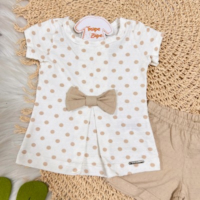 Conj. Blusa Bolinhas com Laço e Short - Areia e Off White