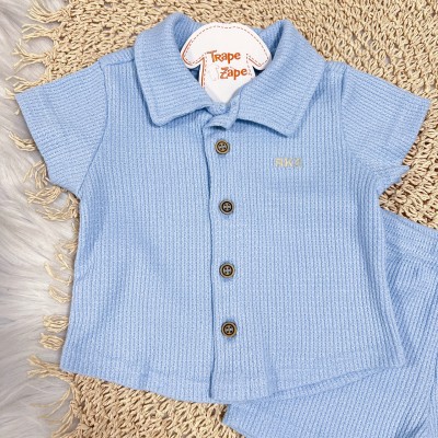 Conj. Camisa com Botões e Bermuda Canelada - Azul Bebê 