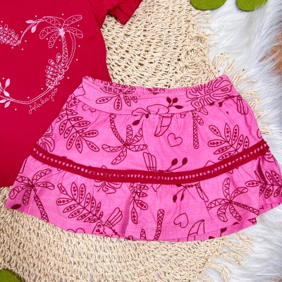 Conj. Blusa Coração Bordado e Saia Plantinhas - Vermelho
