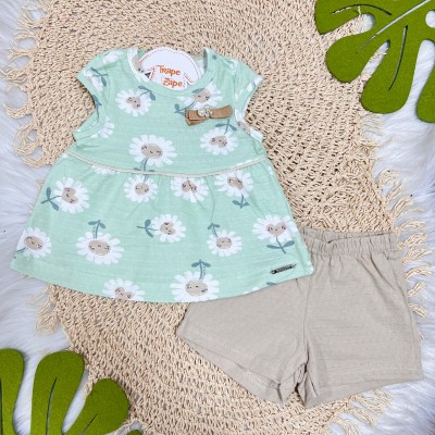 Conj. Regata Flrozinhas e Short - Verde e Areia