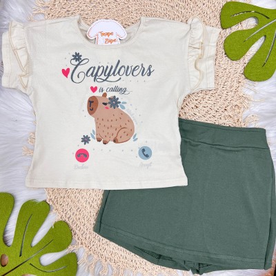Conj. Blusa Capylove e Short Saia - Creme e Verde Musgo