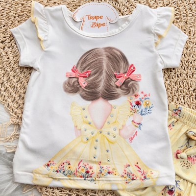 Conj. Blusa Menininha com Coques e Short Flores - Amarelo