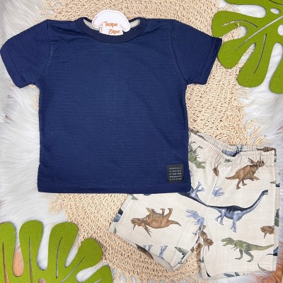 Conj. Camiseta Listras Pontilhadas e Bermuda Dinos - Marinho