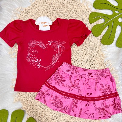Conj. Blusa Coração Bordado e Saia Plantinhas - Vermelho