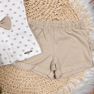 Conj. Blusa Bolinhas com Laço e Short - Areia e Off White