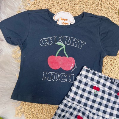 Conj. Blusa Cherry e Short Saia Xadrez - Preto e Branco