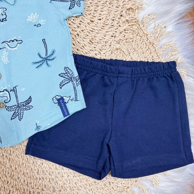 Conj. Camisa Dinos com Coqueiros e Bermuda - Azul