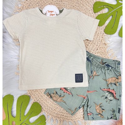 Conj. Camiseta Listras Pontilhadas e Bermuda Dinos - Areia
