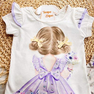 Conj. Blusa Menininha com Coques e Short Flores - Lilás