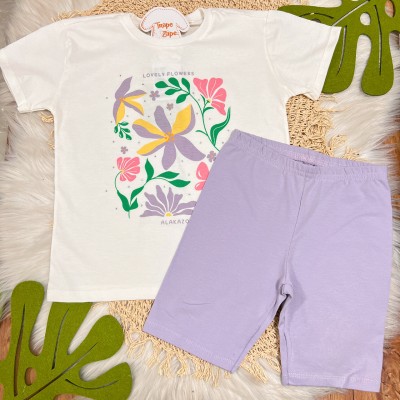 Conj. Blusão Lovely Flowers e Bermuda - Off White e Lilás