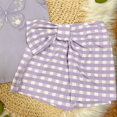 Conj. Blusa Manga Curta Borboleta e Short Xadrez - Lilás