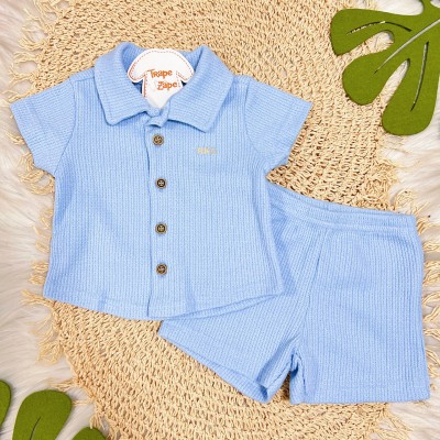 Conj. Camisa com Botões e Bermuda Canelada - Azul Bebê 