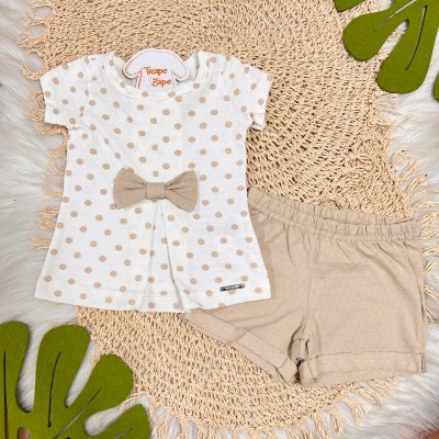 Conj. Blusa Bolinhas com Laço e Short - Areia e Off White