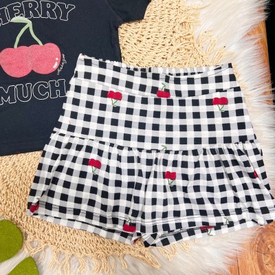 Conj. Blusa Cherry e Short Saia Xadrez - Preto e Branco
