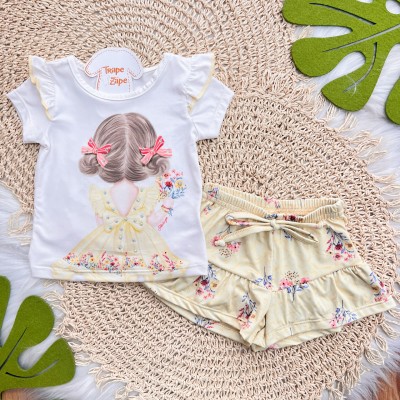 Conj. Blusa Menininha com Coques e Short Flores - Amarelo